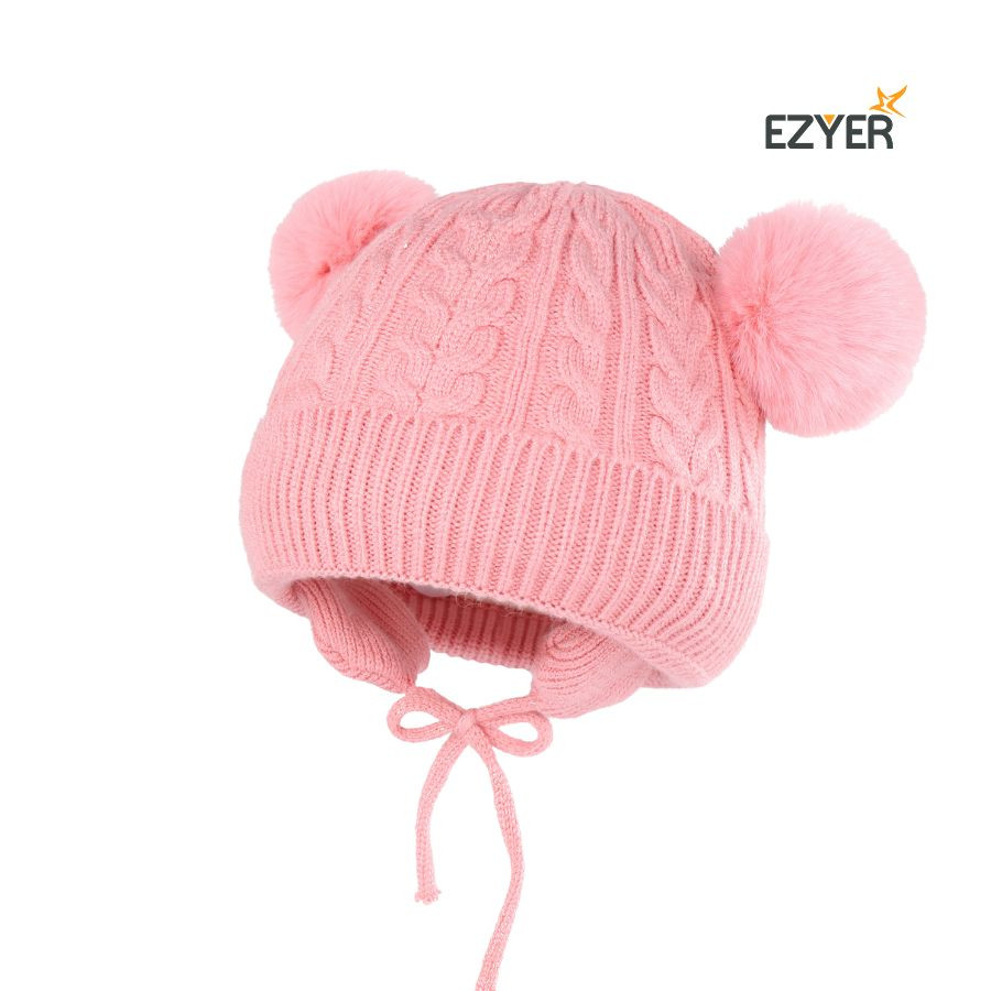Cute Knit Pompom Baby Winter Hat With Warmuff for Girls & Boys